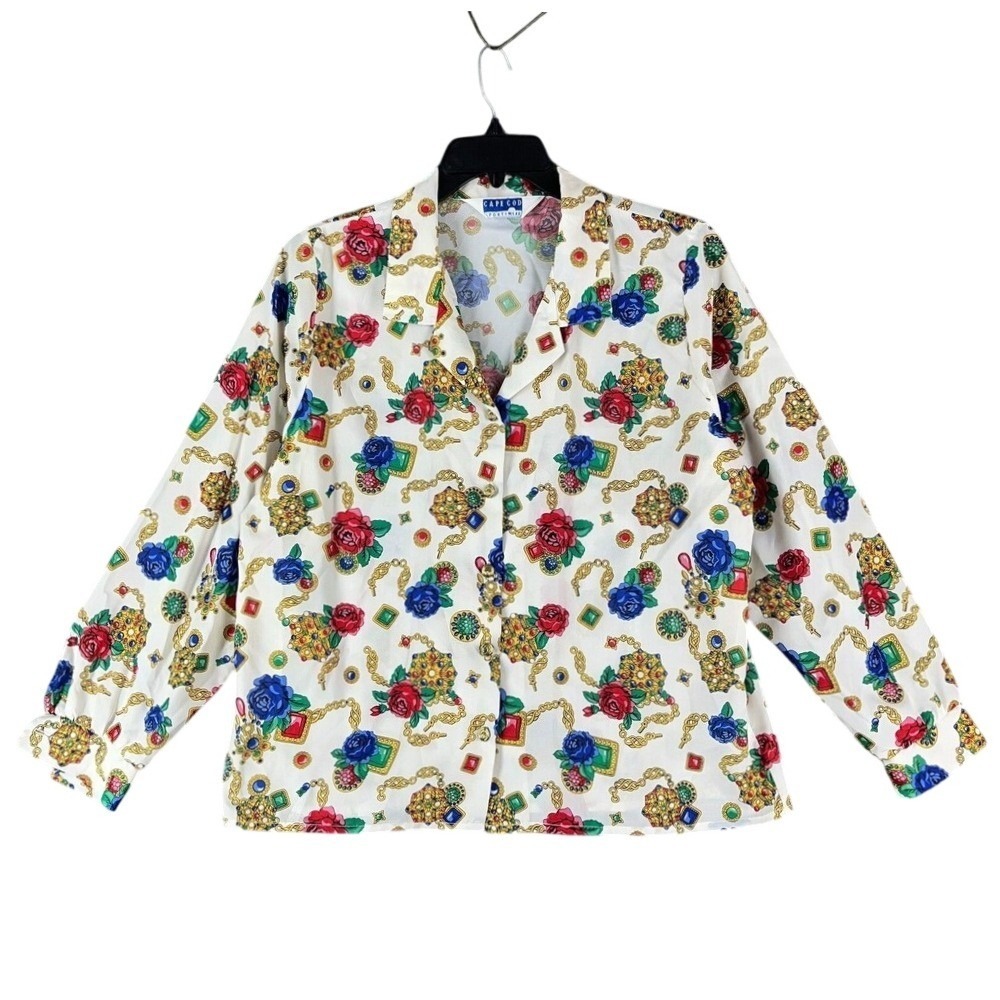 Vintage 80s‎ Cape Cod Sportswear Top Size L Gold Button Baroque Floral Statement